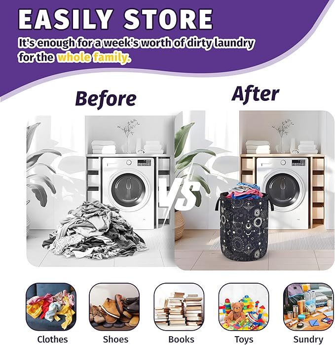 Gothic Sun Moon Stars Laundry Basket Foldable Oxford Cloth With Handle Portable Colorful Storage Basket Organizer Suitable For Laundry Room/Bedroom/Living Room/Children'S Room (18.9 X 16.5 Inch)