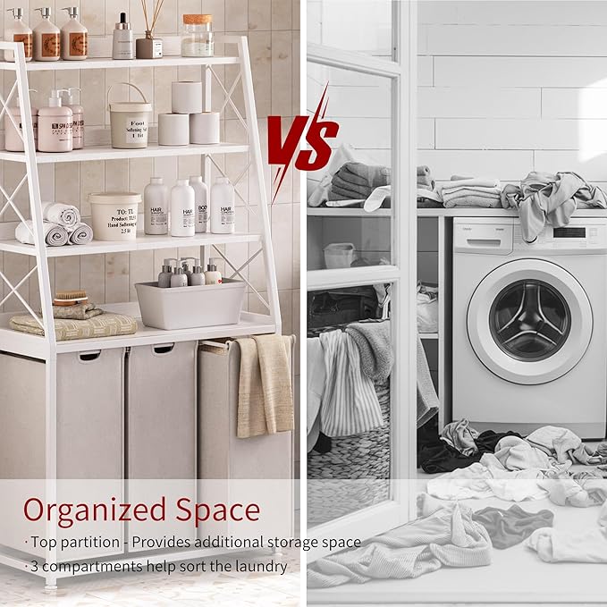 Herture Laundry Basket, 3 Section Laundry Hamper with 4 Tiers Shelf, Pull-Out and Removable Laundry Bags, Large 3 x 15.87 Gallons, for Laundry Room Bathroom White PF05XLW