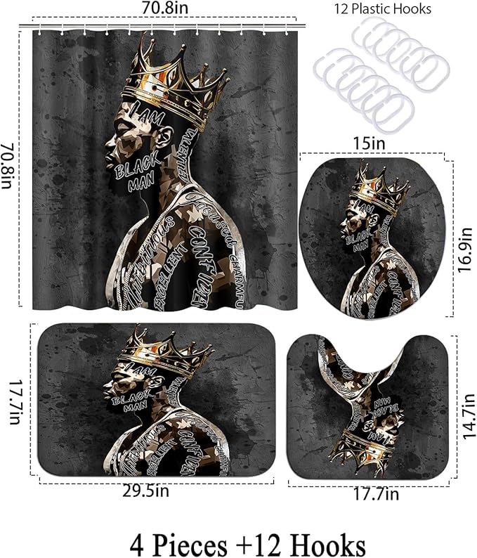 African American Shower Curtain Sets for Bathroom, Black Praying King Bathroom Sets with Waterproof Shower Curtain and Non-Slip Rugs Toilet Lid Cover Bath Mat, Cool Unique Man Bathroom Decor Sets