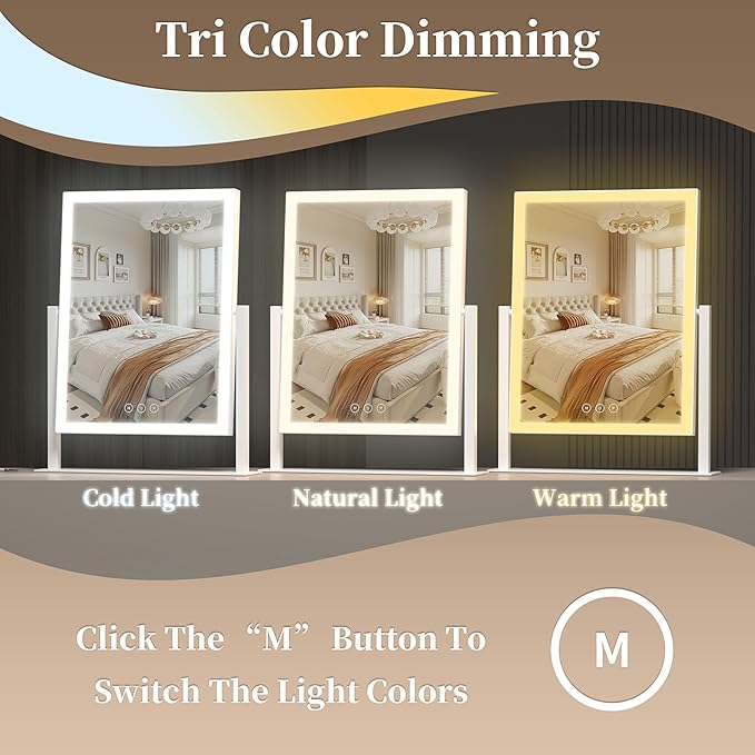 Acoolda Vanity Mirror with Lights,16.9"x 14" Lighted Makeup Mirror, Makeup Mirror with Lights,Three Color Lighting Modes, and 10X Magnification Mirror, Smart Touch Control, 360°Rotation White