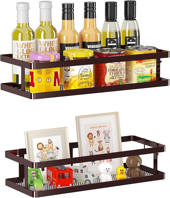 PUSDON 2-Pack Minimalist Shower Caddy Wall Mount, Open Frame Bathroom Shelf Organizer with Mesh Base, Rustproof Floating Spice Rack for Kitchen, Holds 50 LBS, 4 Hooks - Vintage Bronze, Guardrail