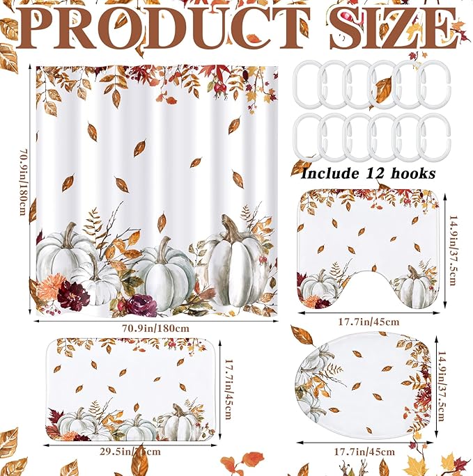 Drydiet 4 Pcs Fall Shower Curtain Sets 71 x 71 in Thanksgiving Autumn Non Slip Rugs Toilet Lid Cover Bath Mat and 12 Hooks Fall Bathroom Shower Curtain for Thanksgiving Harvest Farmhouse Home Decor