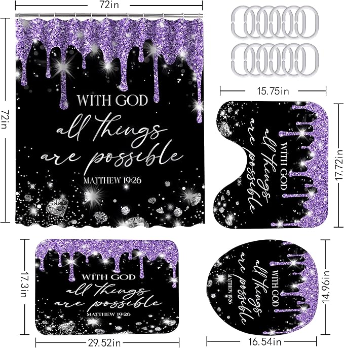 4 Pcs Black Purple Diamonds Shower Curtain Set with Rugs and Toilet Lid Cover, Black White Bible Verse Waterproof Fabric Bathroom Set, Christian Scripture Shower Curtain Bathroom Decor Set Accessories