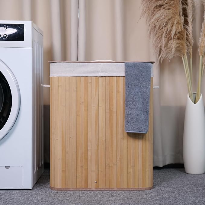 GarveeHome Folding Bamboo Laundry Hamper with Lid, 28 Gal / 106L Wooden Laundry Basket with Washable Liner Bag, Slim Clothes Storage Hamper for Small Bedrooms Apartments Dorms, Natural