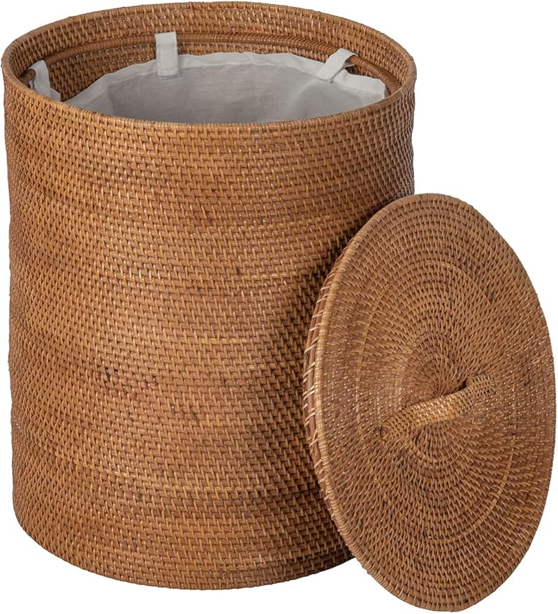 KOUBOO Loma Round Rattan Hamper & Laundry Basket with Lid - Stylish Storage Decor Wicker, Storage Hamper - Organizer & Blankets for Every Room, Brown