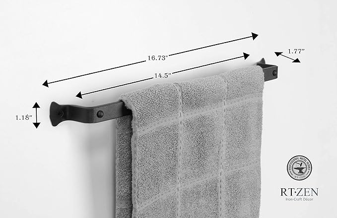 RTZEN Farmehouse Bathroom Towel Holder - Wrought Iron Matte Metal Black Towel Bar Wall Mount Rod - Handmade Home Decor Metal Kitchen Hanger Bar (17'' - Fits 14 Inch Towels)