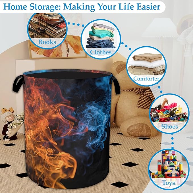 Red Blue Fire Laundry Basket Collapsible Laundry Hamper, Oxford Cloth Storage Bin for Room/Bathroom/Bedroom/Dormitories 16" X 20.8"