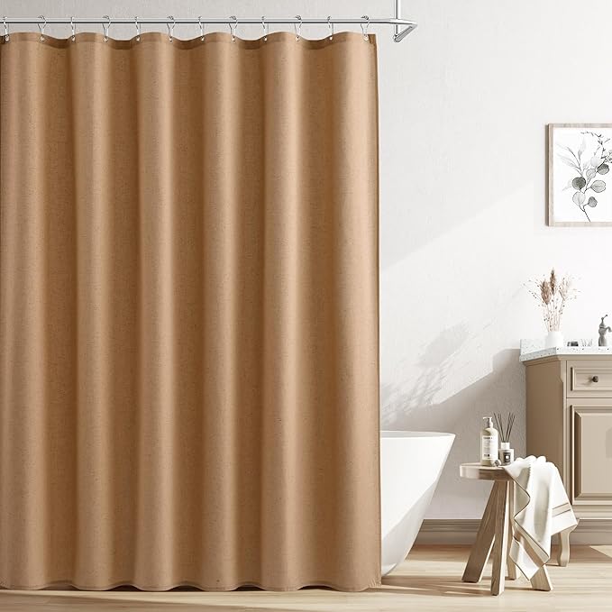 Naturoom Camel Linen Shower Curtain, Country Boho Farmhouse Bath Decor Shower Curtains Neutral Cloth Weighted Textured Fabric Bath Curtain Liner with Hooks, 72x96