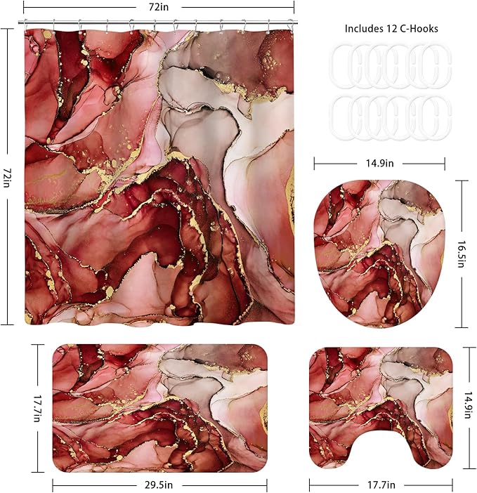 4PCS Burgundy Red Marble Shower Curtain Sets with Rugs, Abstract Bathroom Sets with Shower Curtain Rugs, Luxury Bathroom Curtains Shower Set with Toilet Lid Cover Modern for Bathroom Decor