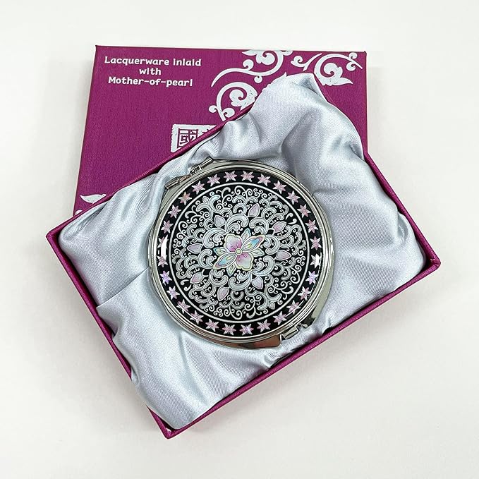 Portable Makeup Compact Double Magnifying Mirror Cosmestic Foldable Pocket Style Unique Mother of Pearl Design (Arabesque)