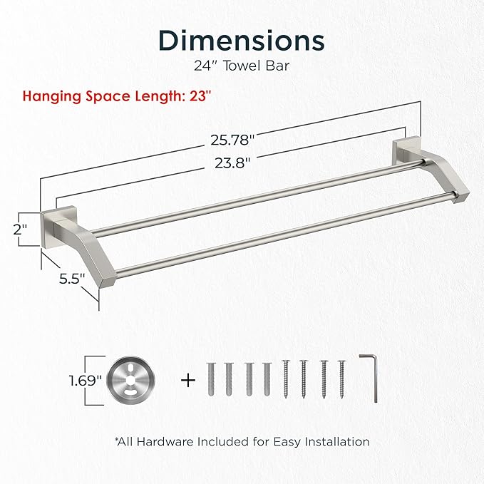 FORIOUS Double Towel Bar, 24 Inch Dual Towel Racks for Bathroom Wall Mounted, Thicken SUS304 Stainless Steel Bath Square Towel Rod Towel Holder Rail, Brushed Nickel
