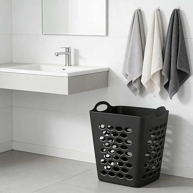 Square Laundry Hamper with Handles – Large Capacity Plastic Laundry Basket, Space-Saving Design with Ventilation Holes, Black