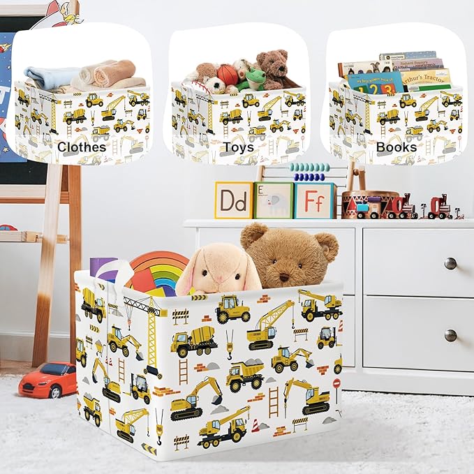 Cars Laundry Hamper Cartoon Vehicle Large Storage Basket Collapsible Parents Organizer Boy Toy Clothes Bins for Bedroom, Bathroom, Engineering, 36L