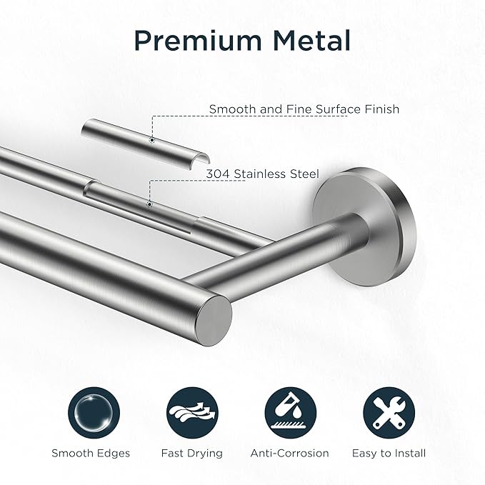 FORIOUS Double Towel Bar, 24 Inch Double Towel Racks for Bathroom, Heavy Duty SUS304 Stainless Steel Towel Bar Brushed Nickel, Includes Wall Mounting Hardware, Brushed Nickel
