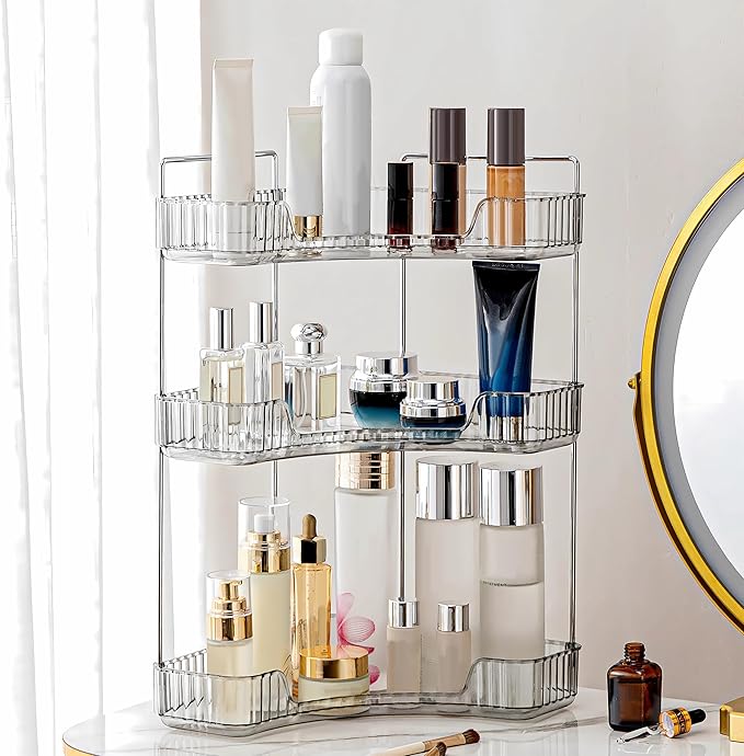 Corner Bathroom Counter Organizer Bathroom Countertop Shelf Makeup Organizer for Vanity Perfume Tray for Corner Storage (3 Tiers, Grey)