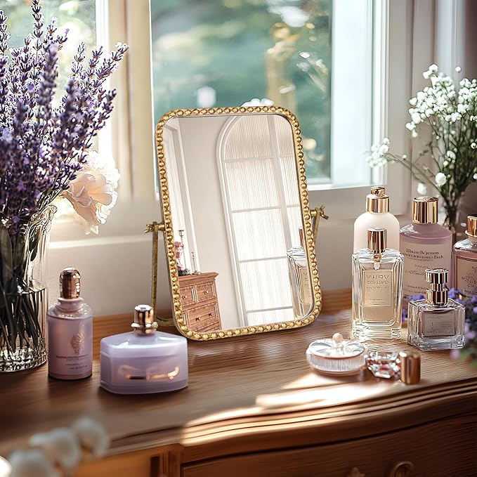 Vintage Desk Makeup Mirror, 12" L x 7.9" W Antique Gold Vanity Table Mirror, Metal Framed Rectangular Small Standing Mirrors with Beaded, 360 Adjustable Rotation for Tabletop, Bedroom
