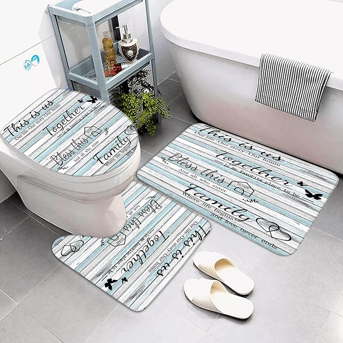 juwute 4Pcs Family Shower Curtain Sets with Non-Slip Rugs, Toilet Lid Cover and Bath Mat, Wood Grain Home Bathroom Decor Set Accessories Waterproof Shower Curtains with 12 Hooks, 72 x 72 Inch