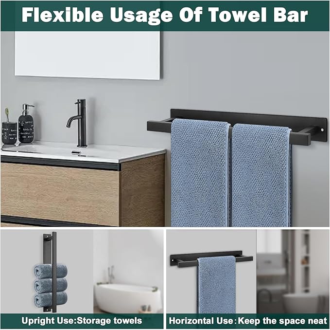 Self Adhesive Towel Bar, 16 Inch Square Towel Racks for Bathroom Wall Mounted SUS304 Stainless Steel Towel Hanger for Kitchen, No Drill or Screw-Mounted Towel Holder (Matte Black)