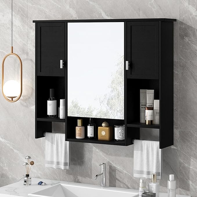 Merax Medicine Cabinet for Bathroom, Wall Mount Bathroom Cabinet with Mirror, Open Shelf, and Towel Bar, 35" W x 28.7" H Over The Toilet Mirrored Bathroom Wall Cabinet