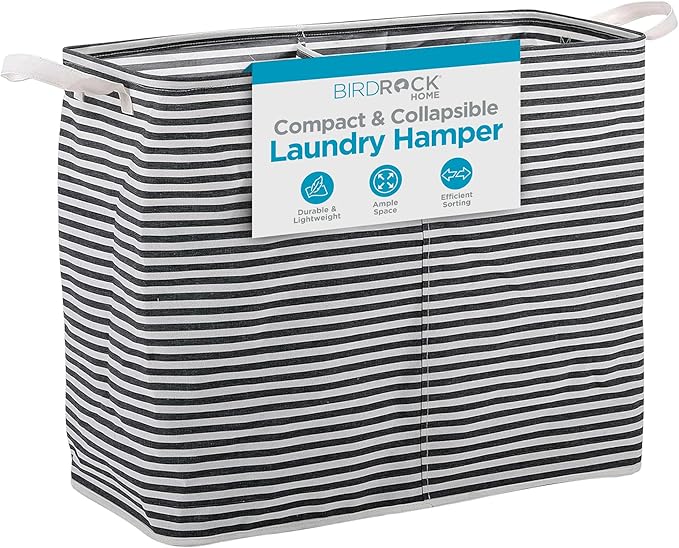 BIRDROCK HOME Collapsible Double Laundry Hamper Basket - Grey & White Stripes Sorter Bin - Compact Dirty Clothes Organizer Bag - Divided Section
