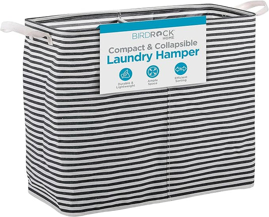 BIRDROCK HOME Collapsible Double Laundry Hamper Basket - Grey & White Stripes Sorter Bin - Compact Dirty Clothes Organizer Bag - Divided Section