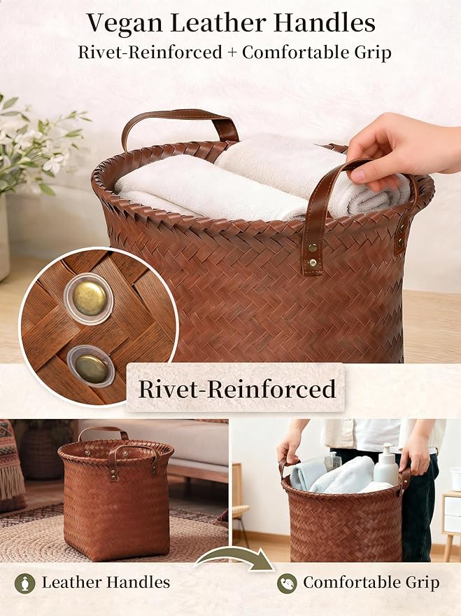 Hand Woven Baskets for Storage, 4Pcs Water-Resistant Wicker Baskets, Brown Wicker Storage Baskets for Shelves, Large Basket with Handle for Organizing, Closet, Laundry, Blanket - Round
