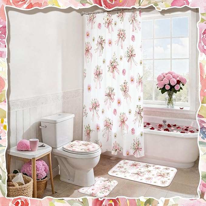 Tatuo 8 Pcs Pink Bow Daisy Shower Curtain Sets for Bathroom Decor Coquette Bathroom Accessories Daisy Rose Aesthetic Girly Shower Curtain Sets with Towels Carpet Bath Mat Toilet Rugs and 12 Hooks
