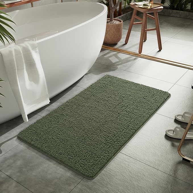 LOCHAS Luxury Bathroom Rug Shaggy Bath Mat 24 x 44 Inch, Washable Non Slip Bath Rugs for Bathroom Shower, Soft Plush Chenille Absorbent Carpets Mats, Olive Green