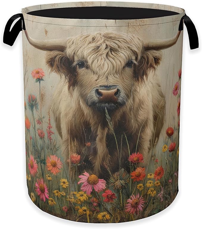 Highland Cow Laundry Hamper,Watercolor Spring Flower Clothes Hamper for Laundry,Waterproof Oxford Toy Storage Collapsible Hampers for Bedroom, Dorm Room,Bathroom,16x20 Inch