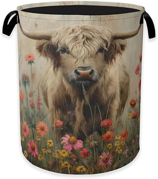 Highland Cow Laundry Hamper,Watercolor Spring Flower Clothes Hamper for Laundry,Waterproof Oxford Toy Storage Collapsible Hampers for Bedroom, Dorm Room,Bathroom,16x20 Inch