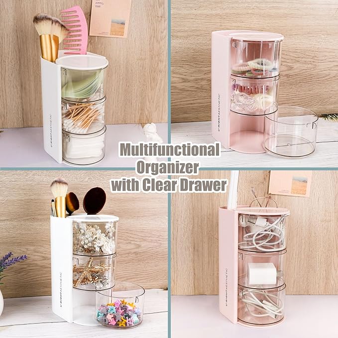 WCHOSOZH 3-Tier Clear Hair Accessories Organizer with Hair Brushes Holder, Rotatable Drawer Makeup Sponge Holder Desktop Organizer Case for Makeup Brush Lipsticks Q-tip Cotton Swab Stationery (White)