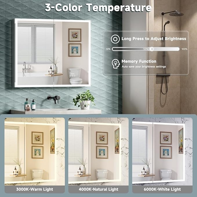 Medicine Cabinet with Lights, 60x32 Inch LED Mirror with 3 Color Lighted, Dimmable, Defogger, Clock & Temp, Surface or Recessed
