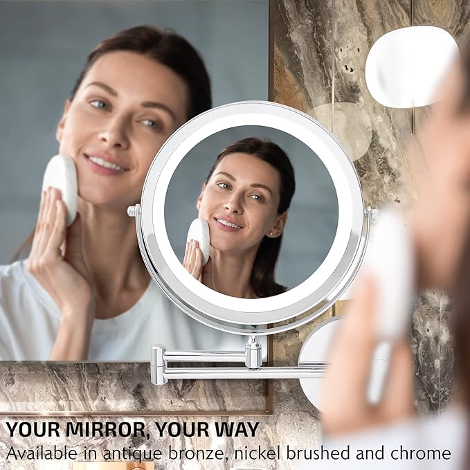 OVENTE Wall Mounted Lighted Makeup Mirror, 9" Double Sided 1X/10X Magnifying Vanity Mirror for Bathroom with LED Lights, Cordless, 360° Rotation and 13" Extendable Arm, Polished Chrome MFW85CH1X10X