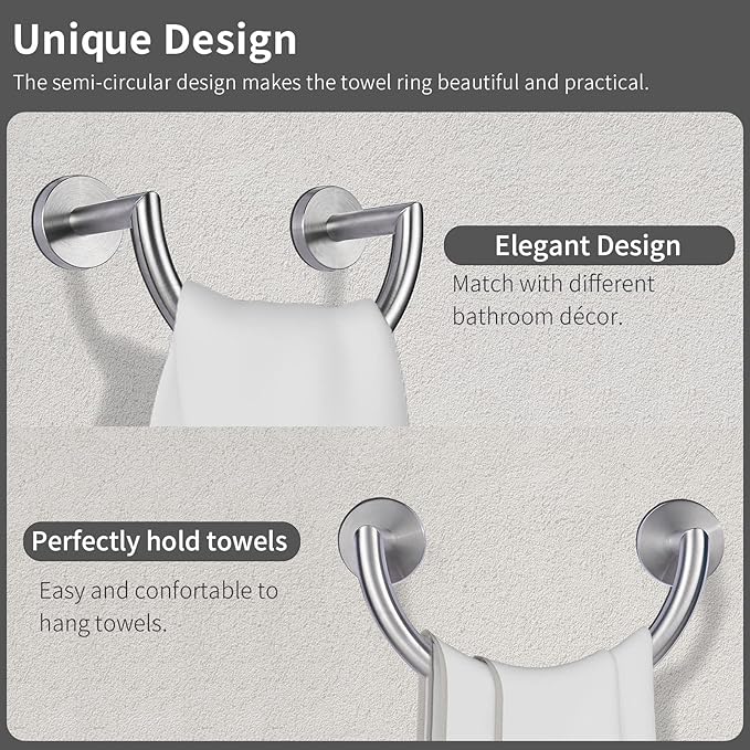 HouseAid Stainless Steel Towel Ring for Bathroom, Hand Towel Holder, Modern Semi-Circular Hand Towel Rack, Wall Mounted, Brushed Nickel