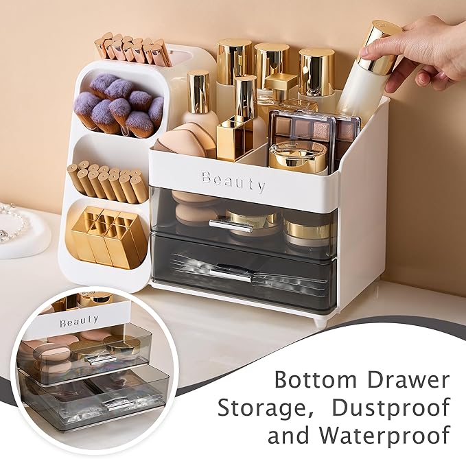 Makeup Organizer for Vanity with Brush Holder, Countertop Makeup organizer with Drawers for Skincare, Cosmetics, Perfumes, Eyeshadow Palettes, Spacious Cosmetic storage organizer