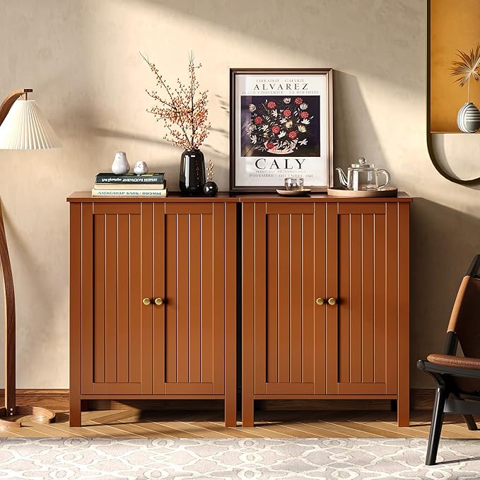 Bonnlo Free Standing Bathroom Storage Cabinet, Rustic Brown Floor Cabinet with Doors, Small Wooden Accent Sideboard Console for Entryway, Kitchen, Living Room Organization, 31.5" H
