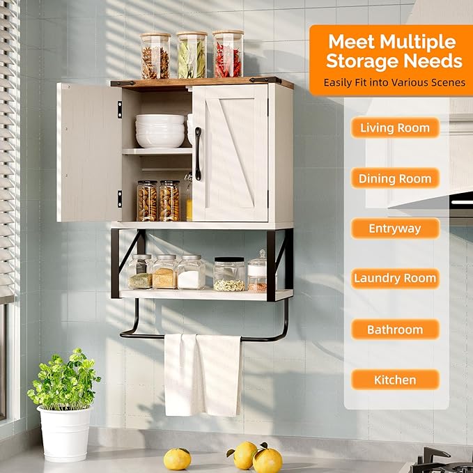 VINGLI Bathroom Wall Cabinet with Towel Bar, Farmhouse Small Medicine Cabinet Wall Mounted, Rustic Wood Over The Toilet Storage Cabinet with Adjustable Shelf for Restroom Kitchen, Vintage White/Brown