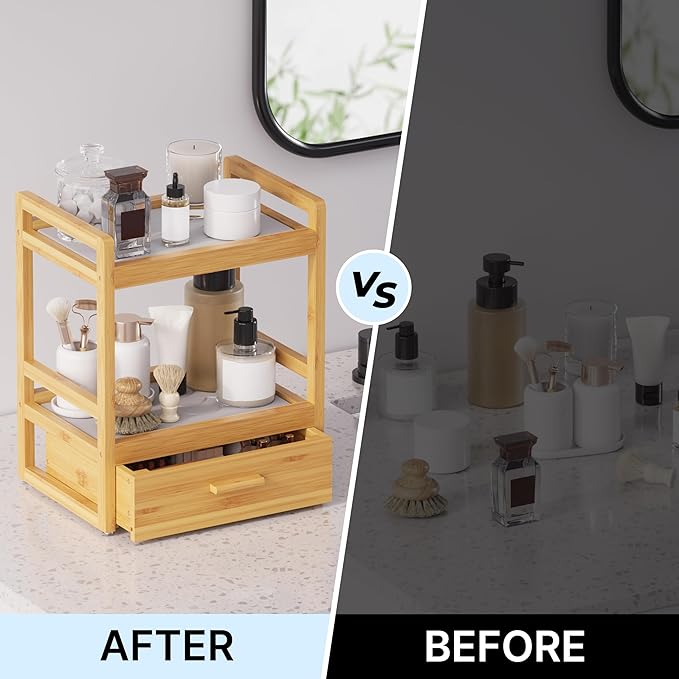 2 Tier Bathroom Organizer Countertop, Bamboo Vanity Organizers and Storage with Drawer for Skincare & Makeup, Counter Shelf with Stone Drying Mat for Coffee Bar, Kitchen, Matcha Station