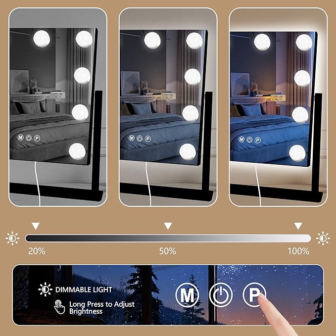 Moonee Black Vanity Mirror with Lights, Hollywood Lighted Makeup Mirror with 9 Dimmable Bulbs and 10X Magnification 360°Rotation, 3 Colors Modes, Light Up Mirror for Tabletop（12" x 14"）
