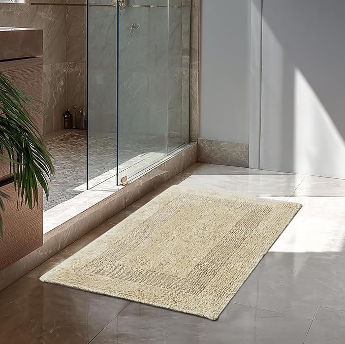 COTTON CRAFT Luxurious Bathmat Rug - Set of 2 Reversible Heavyweight Large Step Out Bath Mats for Bathroom Floor, Tub and Shower - Pure Cotton Soft Plush Absorbent Tufted Racetrack Mat - 20x30 - Linen