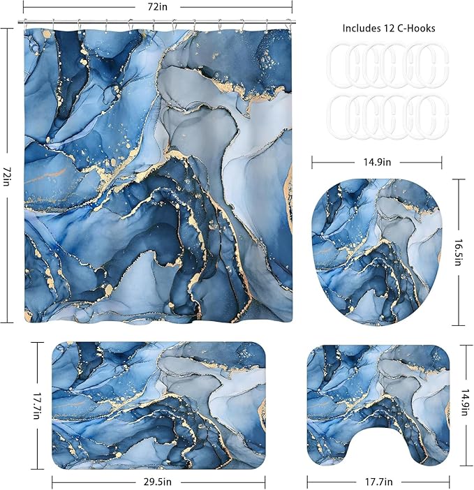 NBVKO 4 Pcs Blue Marble Shower Curtain Sets with Rugs Gold Bathroom Sets with Shower Curtain and Rugs Modern Abstract Bathroom Decor Accessories Shower Curtains for Bathroom Toilet Lid Cover