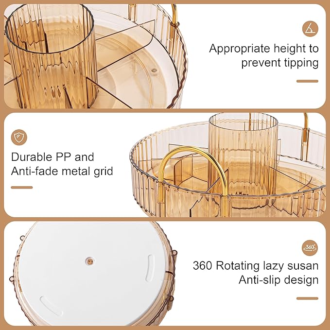 YCIA&DONE Rotating Makeup Organizer for Vanity, Large Capacity Make Up Storage Skin care Shelf Perfume Holders Cosmetic Dresser Organizer Countertop Spinning 360 (Amber Gold, 2Tiers)