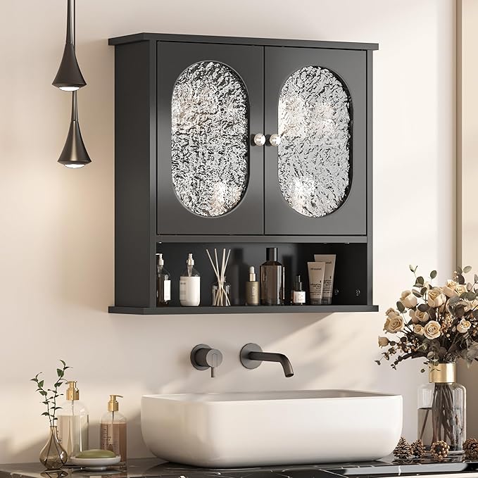 23x24 Black Bathroom Medicine Cabinet,2 Acrylic Doors Oval Bathroom Wall Cabinet,Over The Toilet Storage Cabinet for Bathroom/Kitchen/Living Room,Wall Mounted Medicine Cabinets Over Toilet