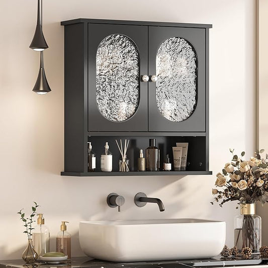 23x24 Black Bathroom Medicine Cabinet,2 Acrylic Doors Oval Bathroom Wall Cabinet,Over The Toilet Storage Cabinet for Bathroom/Kitchen/Living Room,Wall Mounted Medicine Cabinets Over Toilet