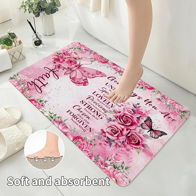 4 Pcs Pink Butterfly Inspirational Quotes Shower Curtain Set with Rugs, Toilet Lid Cover and Bath Mat, Bible Verse Floral Bathroom Decor Set Accessories, Colorful Boho Shower Curtain with 12 Hooks