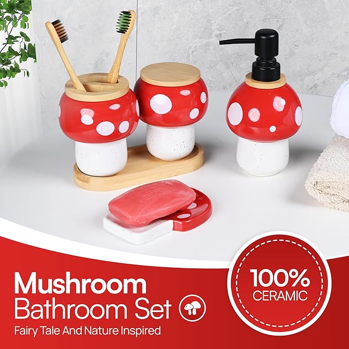 Mushroom Bathroom Decor Set – Ceramic Soap Dispenser, Toothbrush Holder, Canister, and Soap Dish with Bamboo Accessories – Cottagecore Bathroom Gifts for Women