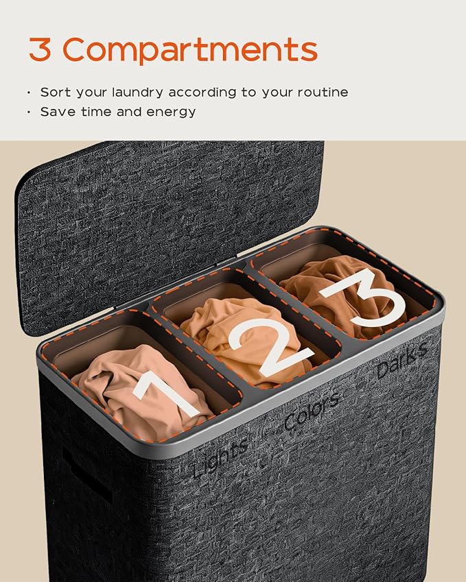 CASAMAYA Laundry Basket with Lid, Laundry Hamper 3 Section, 190L collapsible Laundry Organizer, Easy Assembly,with Handles and Removable Liners, 25.2 x 15.7 x 29.5 Inches, Black JSP904B