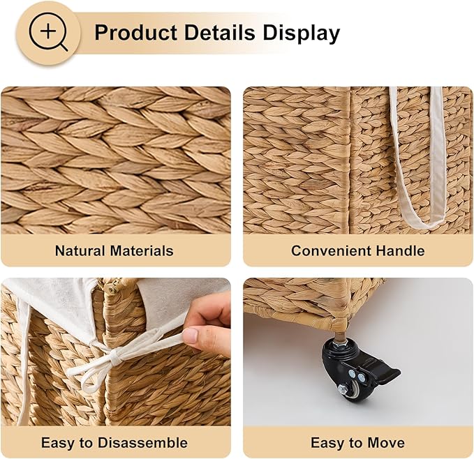 Rolling Laundry Hamper with Wheels, Slim Laundry Basket with Removable Liner Bag & 2 Mesh Bags, Handwoven Water Hyacinth Clothes Hamper for Bedroom Bathroom (Natural, 50L)