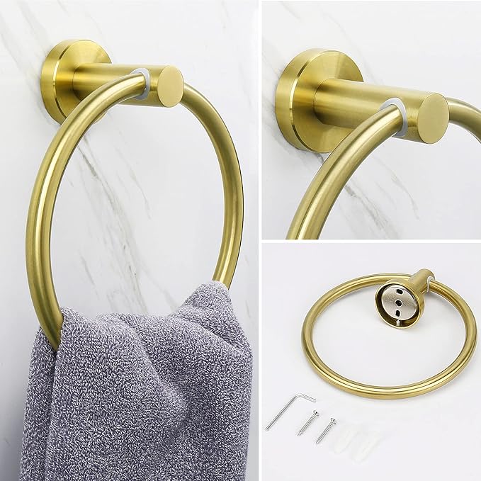 NearMoon 3 Pieces Bathroom Hardware Set, Bath Towel Ring and 2 Towel Hooks- Stainless Steel Hand Towel Hanger and Robe Hooks Accessories, Wall Mounted (Brushed Gold)