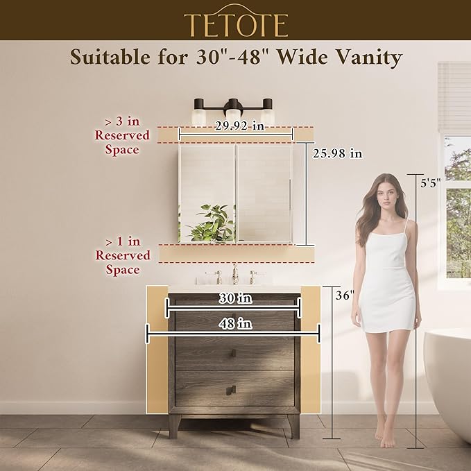 TETOTE 30 x 26 Bathroom Mirror with Storage with Tempered Beveled Mirror Black Medicine Cabinet Aluminum Cabinet DTC Hinges, Stepless Adjustable Shelves, Recessed/Surface-Mounted
